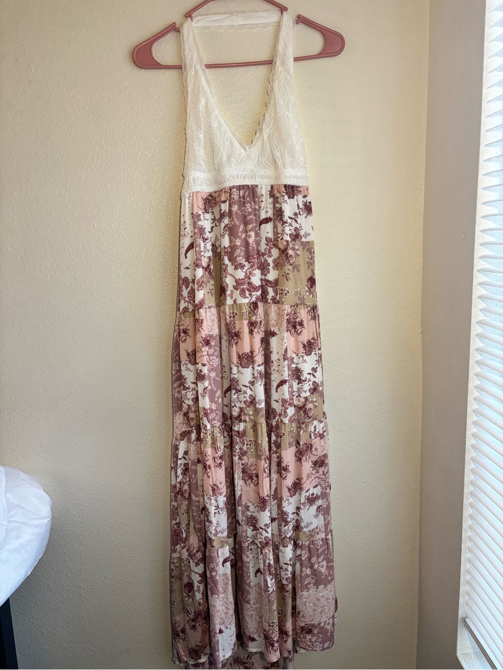 Faded Rose Floral Patchwork Lace Halter Maxi Dress L Boho Cottagecore Romantic